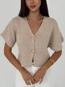 Women's Short Sleeve Button Front Knit Cardigan V Neck Casual Spring Summer Daily Commute Work Minimalist Fashion Lightweight Knit Cardigan, Stylish & Comfortable Design, Women Summer Cardigan