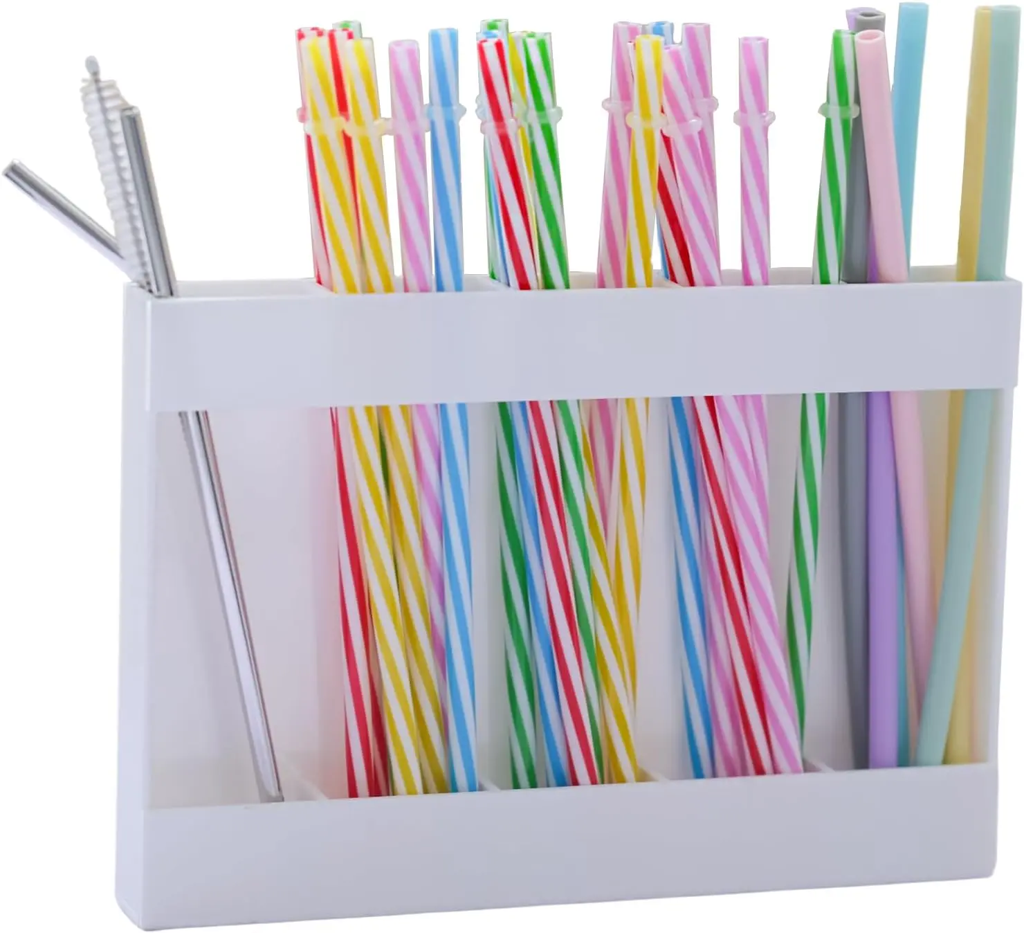 White Slim Acrylic Drink Straw Holder & Tumbler Organizer - Magnetic Mount/Racks for Cabinet Door, Countertop, Easy Installation, Reusable Straw Storage Dispenser for Kitchen Accessories