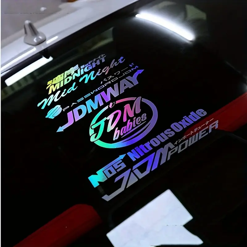 1SET Niche Holographic JDM Aesthetic Sticker, Sticker For Cars, Car Stickers, for car accessories, Rainbow holographic JDM logo texture design, fits rebellious Wangan tuning-style lovers' taste Car Decal