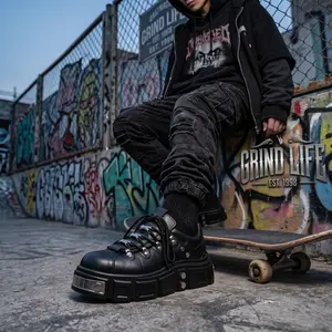 Men's Punk Style Chunky Platform Sneakers Thick Sole Height Increasing Casual Shoes Black Leather Lace Up Streetwear Gothic Fashion Shoes with Metal Studs and Hexagon Rivets Design for Men 2026