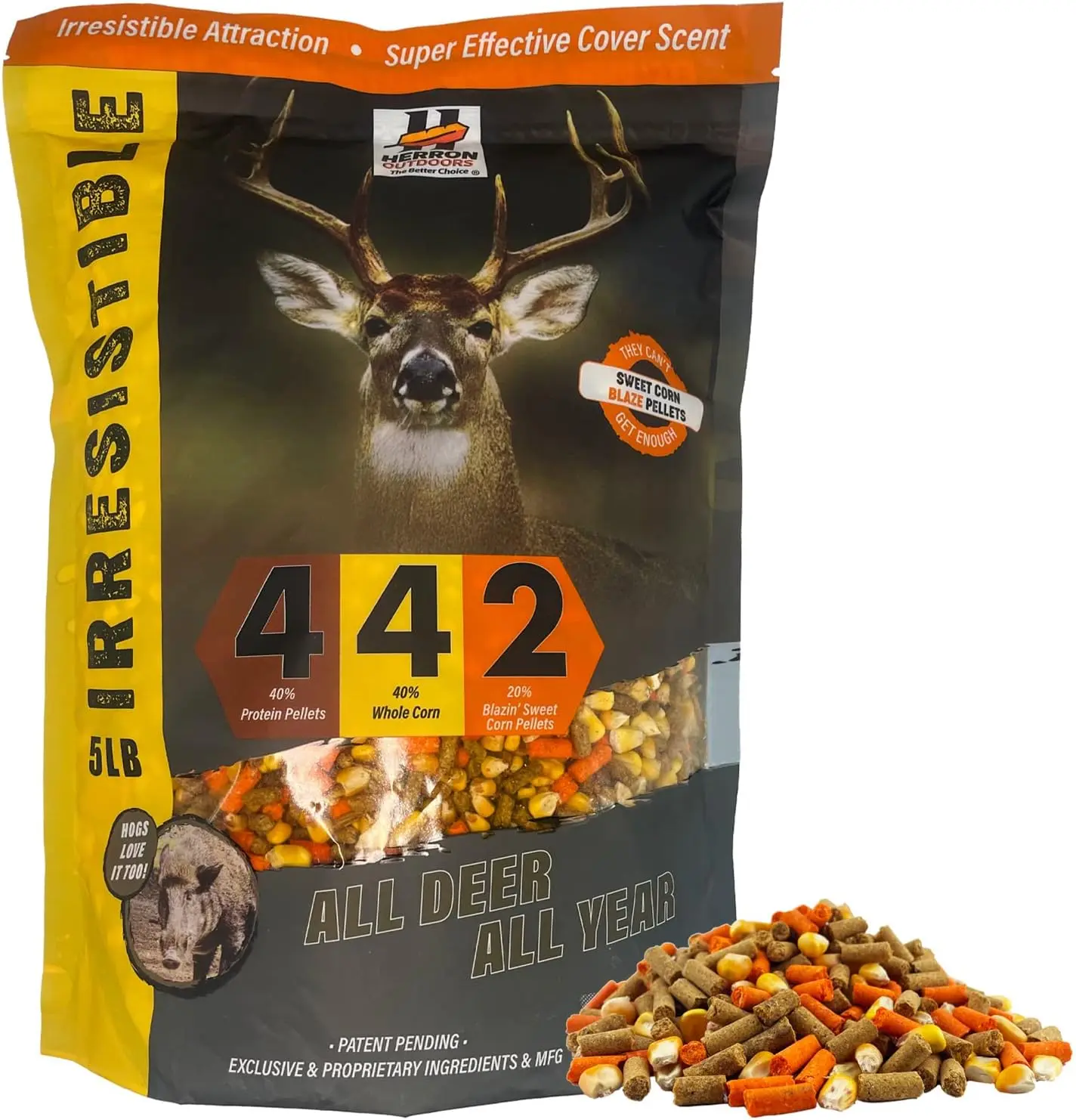 Herron Outdoors Inc Blaze High Protein Pellet Deer & Feral Hog Game Feed Attractant - 4-4-2 Ratio, for Deer Feeding, Resealable Bag