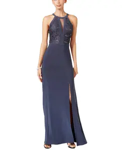Nightway Women's Petite Grey Lace-Trim Illusion Halter Gown Dress