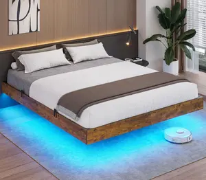 Sikaic Queen Floating Bed Frame with RGB LED Lights, Metal Floating Platform Bed, No Box Spring Needed, Vintage Brown Modern Unique Bedroom Furniture Rustic Headboard