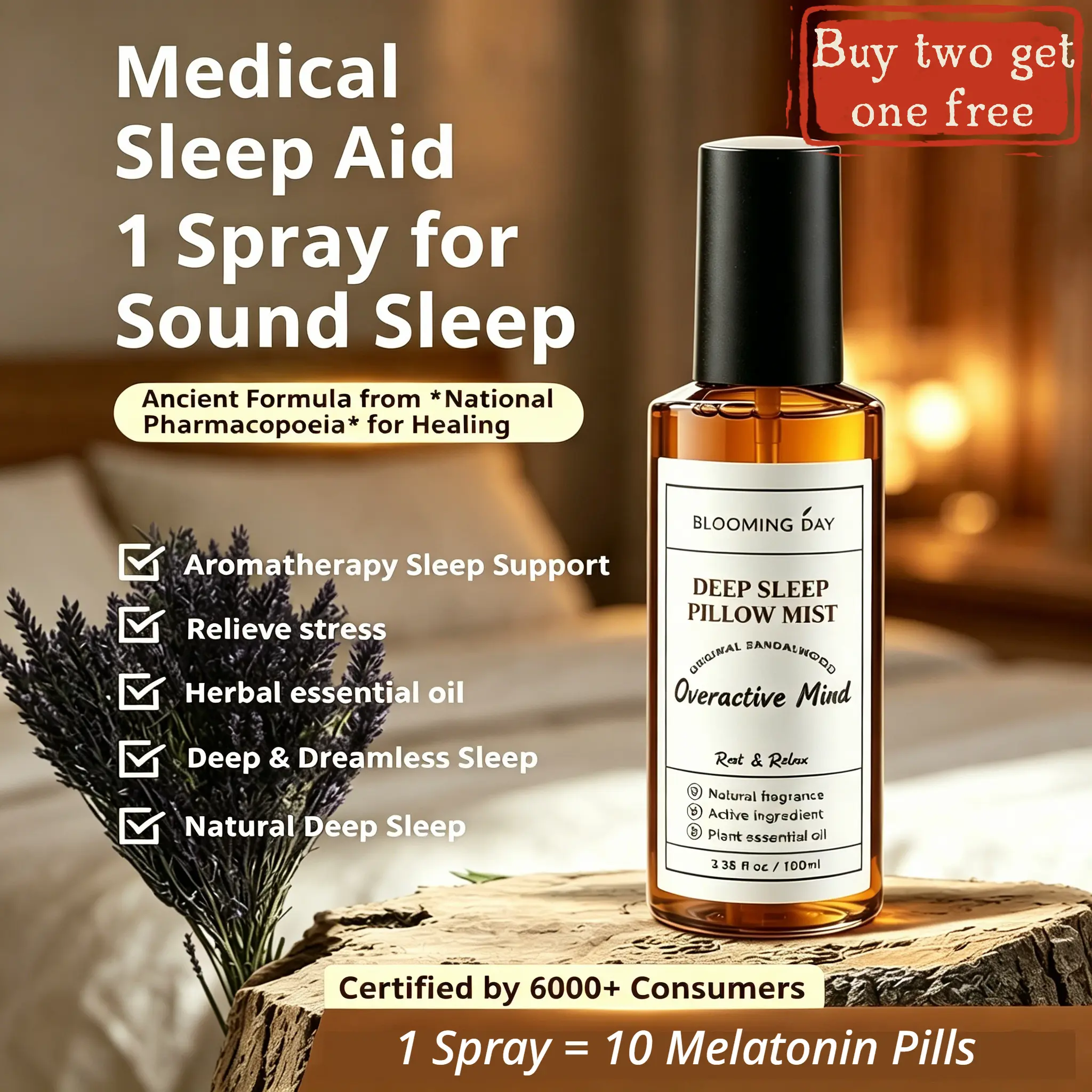 【Buy2+1free】100% Pure Plant Essential Oil Aromatherapy ,BLOOMING DAY DEEP SLEEP PILLOW MIST Lavender & Sandalwood Calming Sleep Mist to Relax Mood & Promote Restful Deep Sleep