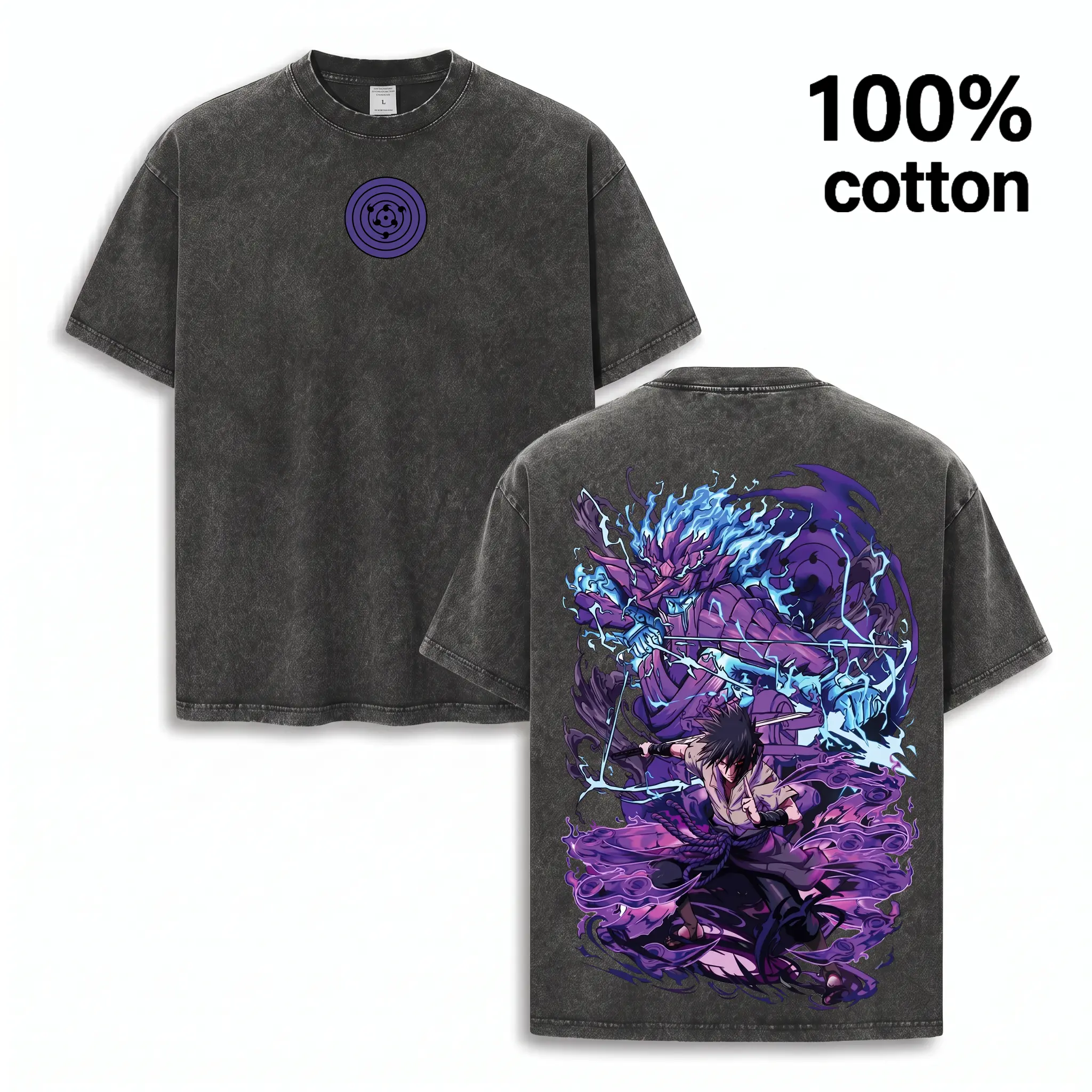Sasuke Susanoo Graphic Tee - Vintage Acid Wash Oversized Anime Heavyweight T-Shirt