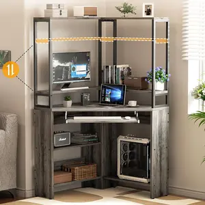 Triangle Corner Computer Desk with Keyboard Tray & Hutch & LED Lights & Power Outlets，Small Corner Desk Triangle Corner Gaming，for Home Office, Small Space, Workstation