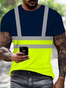 Men's Reflective Safety T-Shirt, Patchwork Design, Night Work Traffic Warning Breathable Top, Loose-Fitting Casual Style