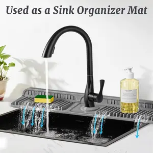 Oblong Silicone Sink Faucet Mat - Foldable Splash Guard with Drainage Design and Button Lock, Kitchen Sink Protector Pad for Home Cleaning
