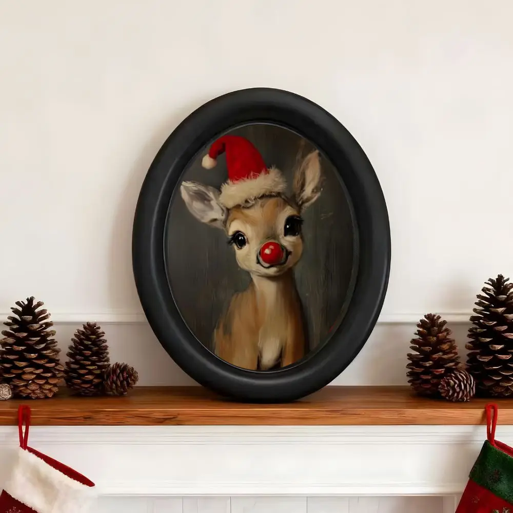 Vintage Christmas Hat Reindeer Wall Decor, Home Decor Ornament, Holiday Decor, Gothic Victorian Style 3D Painting, Handmade Photo Transfer Print, Perfect for Halloween & Xmas