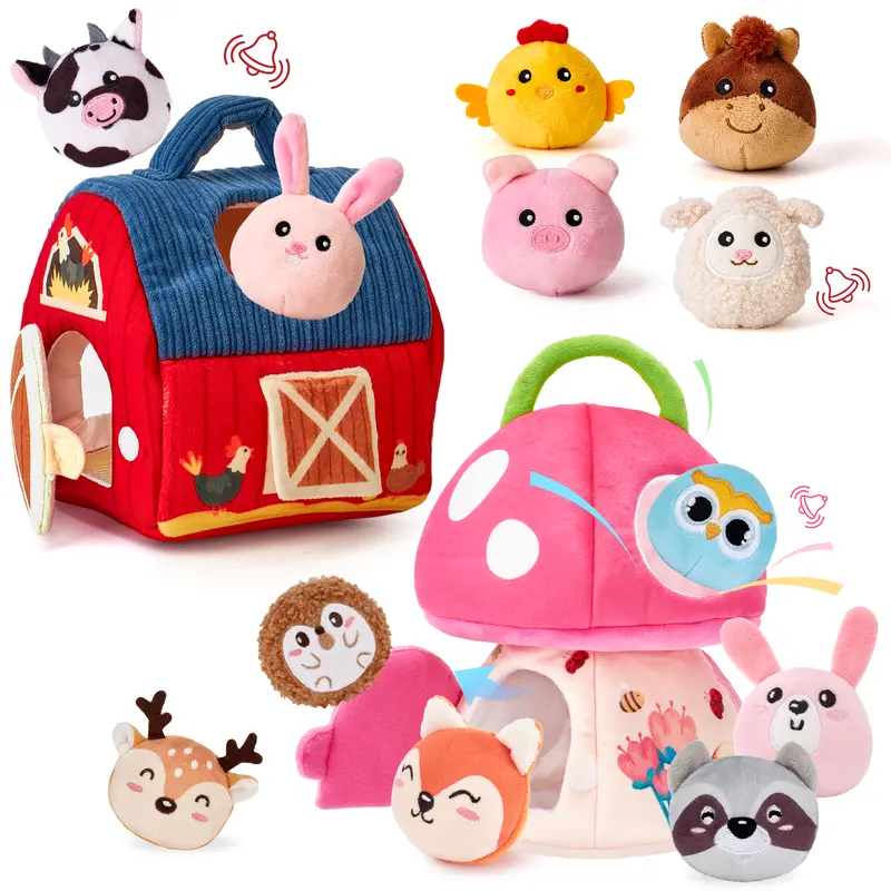 hahaland Cute Cloth Sensory Surprise Barn Baby Toy - 6 Plush Animal Pals, Bunny, Mushroom, Rattle, Crinkle Paper, Mirror - Montessori Developmental Travel Sound Baby Items for 0-12 Month, 6-9 Month Infants (Nursery Gift),familyfun