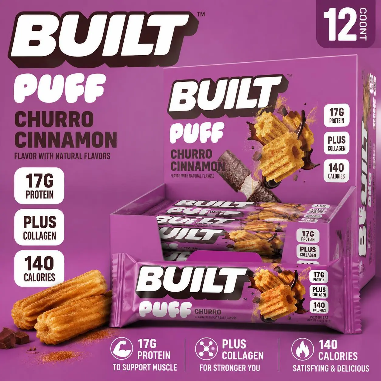 ThayerBUILT Puff Protein Bar, Churro Cinnamon Flavor, 1.41oz, 12 bars