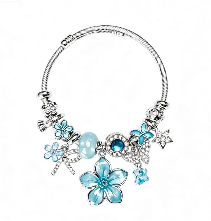 Tone Silver Twisted Open Bangle Pink Blue Black Purple Sakura Flower Crystal Rhinestone Charm Bracelet Women Sweet Girly Jewelry Gift