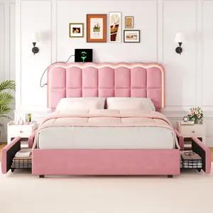 Mraeer Modern Bed Frame with 4 Big Storage Drawers for Queen/Full/Twin Size, Luxury Upholstered Platform LED Bed Frame with Built-in Charging Station & Shelf on Headboard - Contemporary Furniture, Dorms, Attic, Guestroom, 1000LBS Capacity