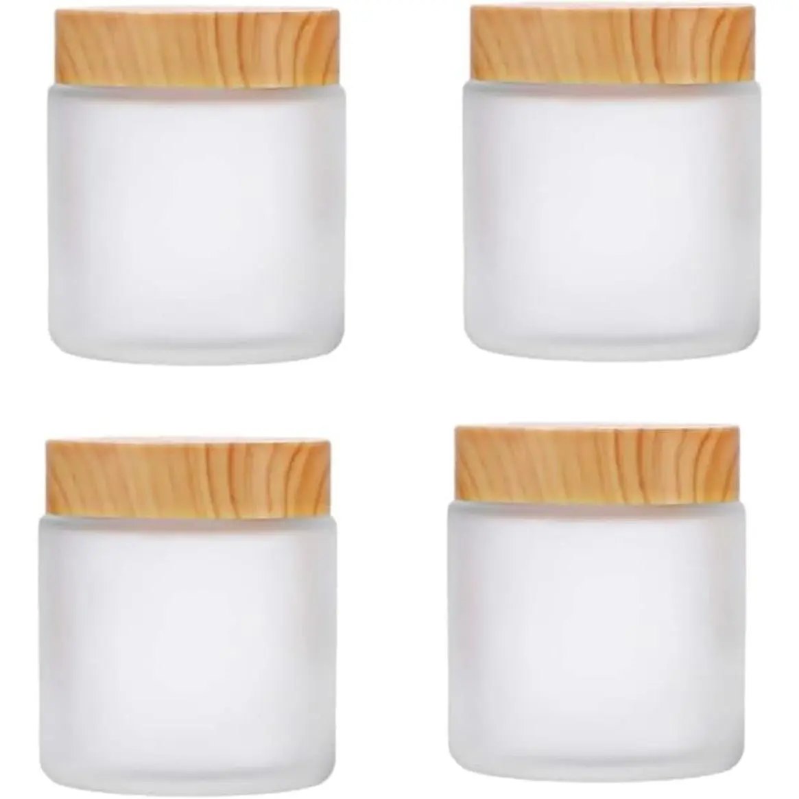 4-Pack Modern Frosted White Glass Round Jars (100g/3.4oz) with Grain Lids, Empty Refillable Home Storage Containers for Lotion, Travel Samples, Makeup, Bottles