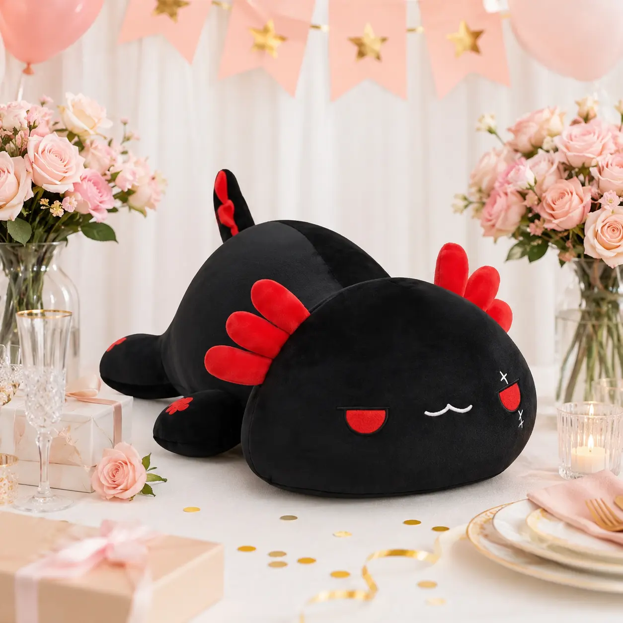 CHUBBYJOY Kawaii Black Axolotl Plush Body Pillow, 12" Soft Squishy Stuffed Animal, PP Cotton Cuddle Pillow Toy, Cute Girly Gifts, Lovely Plush Gift, Aesthetic Bed Sofa Room Decor, Birthday Xmas Gift for Kids Teens Adults