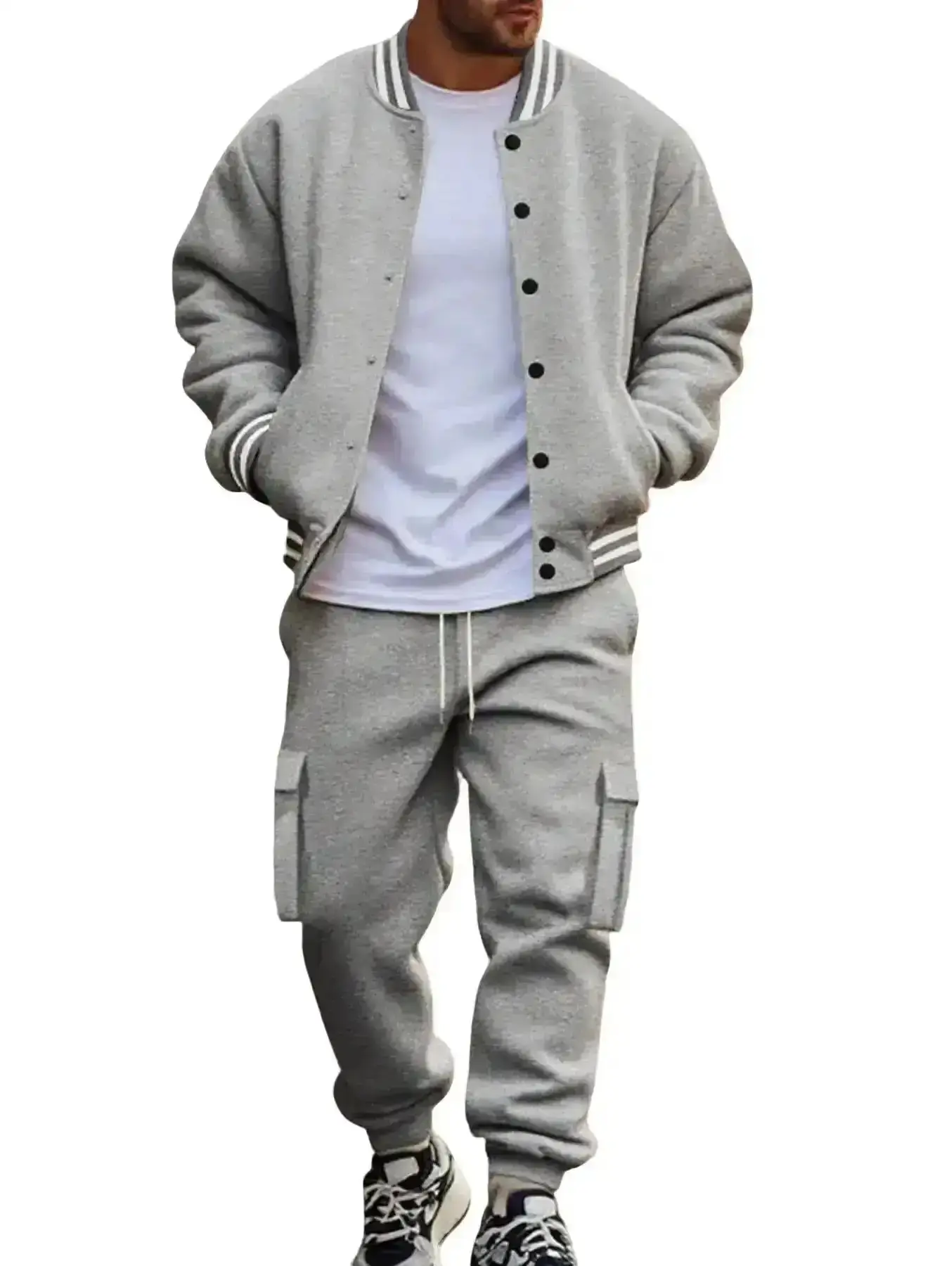 2026 Men's Fall Outfits Sports Casual Warm Fleece Two-piece Set for Daliy Wear, Fitted Baseball Jacket & Cargo Pants, Multi-pocket Design, Essential Wardrobe Item, men hoodie, casual jacket, men apparel