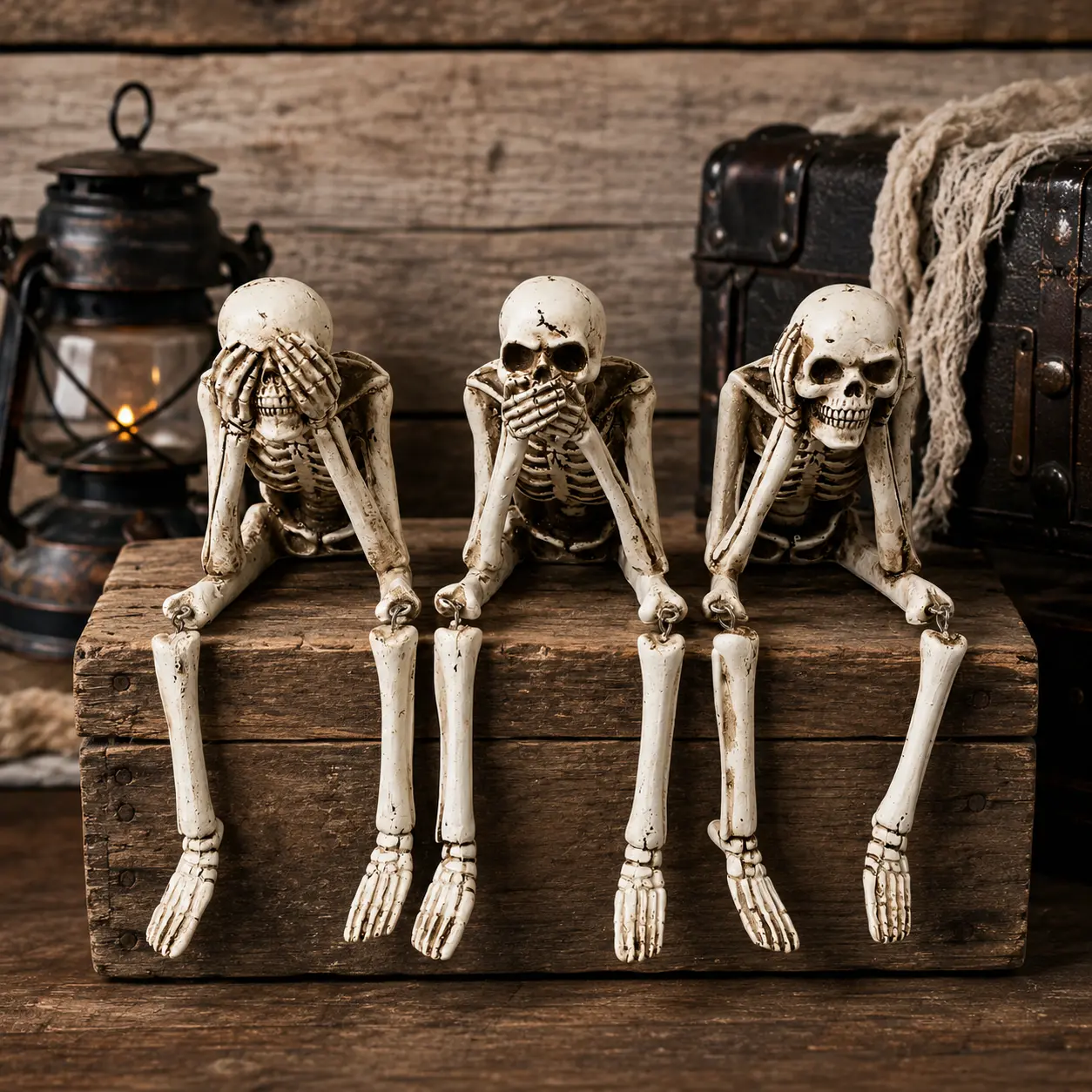 Three Wise Skeleton Statue with Hanging Legs, Gothic Shelf Decor, Funny Halloween Desk Ornament, Spooky Resin Figurine for Room Decoration, Creepy Ghost Decor, Apartment Accessories, Unique Home Decor Gift for Halloween Christmas