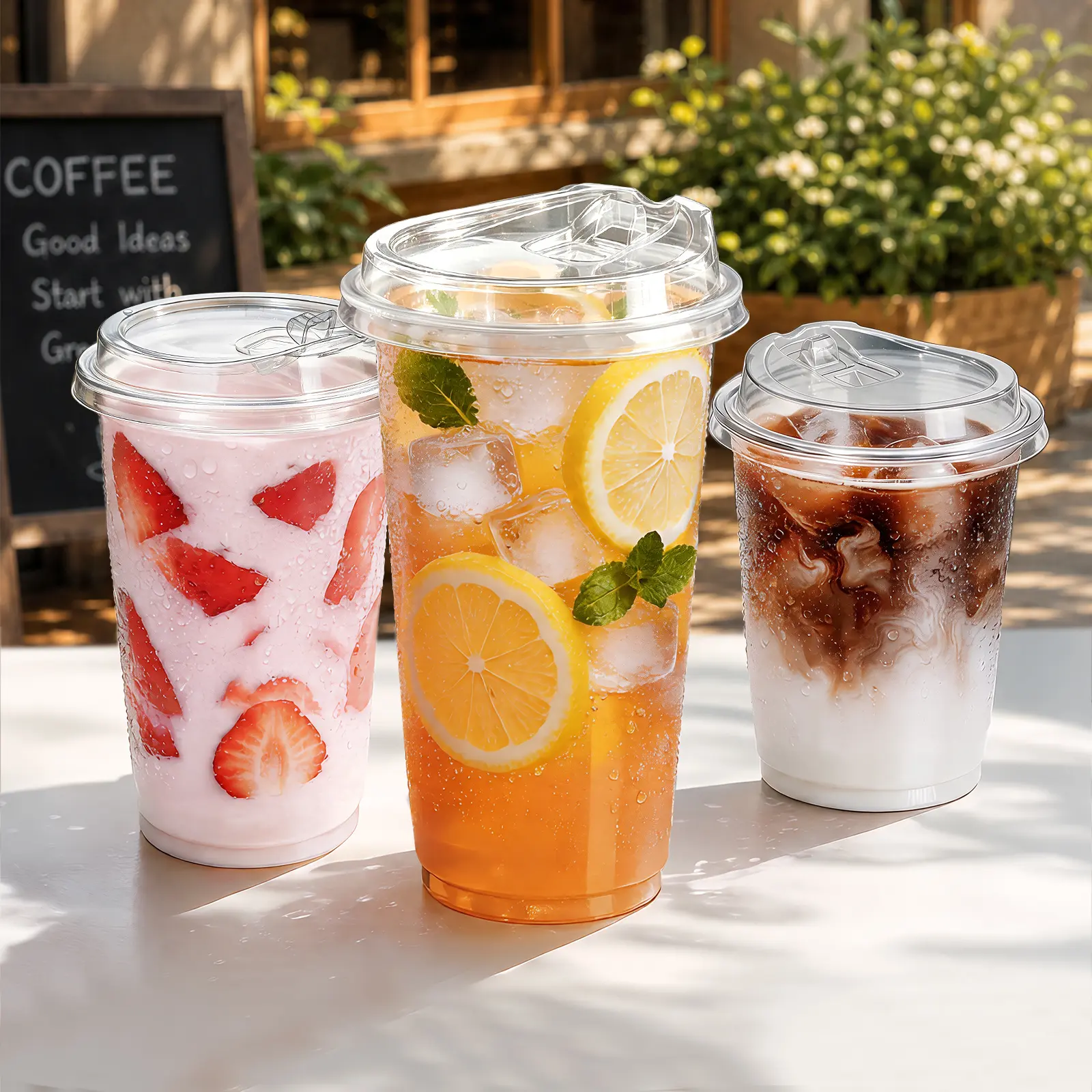Fit Meal Prep Clear Coffee Cups with Strawless Lids, Leak Resistant Beverage Cups for Iced Coffee, Smoothies & Cold Drinks, Spill Proof To-Go Cups 16/20/24 oz