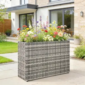 Tall Rectangular Planter with Removable Liner, Holes, PE Wicker Large Planter Box for Indoor Outdoor Plants, Gray