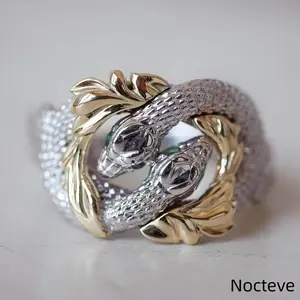 Unisex Two-Tone Twisted Snake Zodiac Simulated CZ Base Alloy Ring, Trendy Lunar Year Lucky Animal Street Jewelry Daily Outfit & Cool Meaningful Holiday Gift Wear