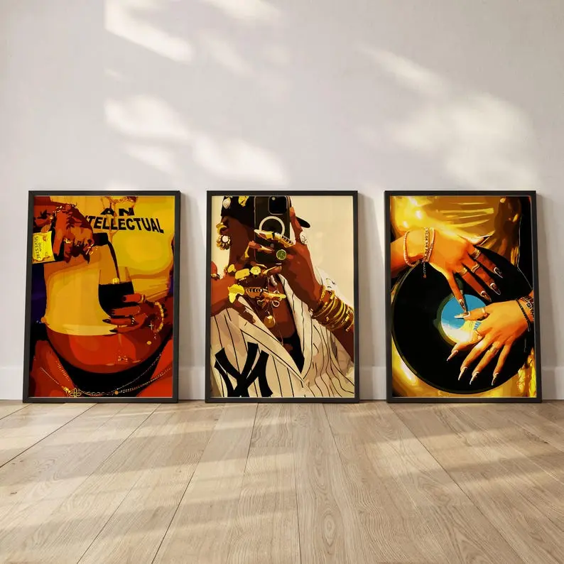 Intellectual Black Girl Wall Art Poster, Set of 3 Urban Girl Room Decor, Stylish Apartment Wall Art