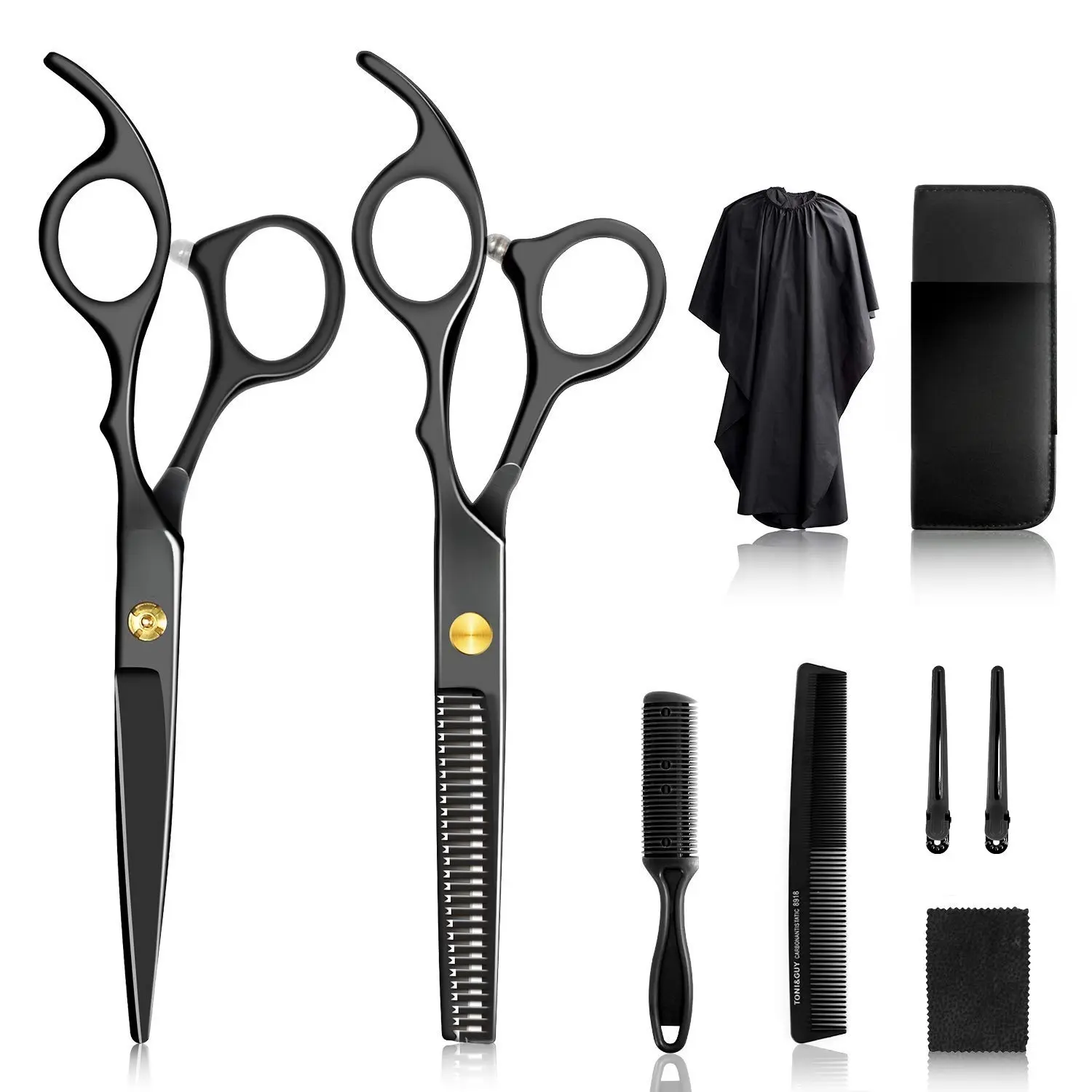 Hair Cutting Scissors Set, Professional Haircut Scissors Kit with Cutting Scissors, Thinning Shears, Comb, Cape, Clips, Black Hairdressing Texturizing Shears Set for Barber, Salon, Home