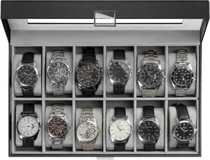 Watch Box Organizer, 12 Slot Watch Display Case With Glass Lid, Watch Storage Holder Mens Watch Case, Anniversary Birthday Valentine Gifts for Men Women -12 Slot, Black