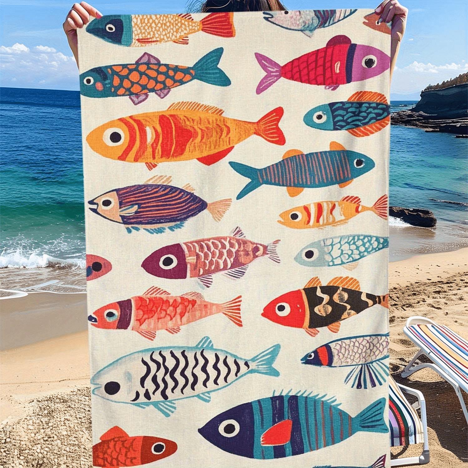 1-Pack Colorful Fish-Patterned Beach Towel For Summer Fun Large Quick-Drying Polyester Beach Towel, Sand And Sun Protection, Lightweight And Comfortable, Suitable For Surfing, Swimming And Yoga