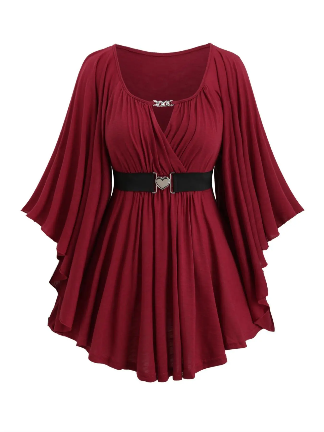 【Plus Size】 Solid Color Cut Out Belted Wrap Tee, Top, Blouses, Casual Flounce Sleeve Pleated Hem T-shirt for Fall & Winter, Women's Clothes for Daily Wear, Aesthetic, Womenswear