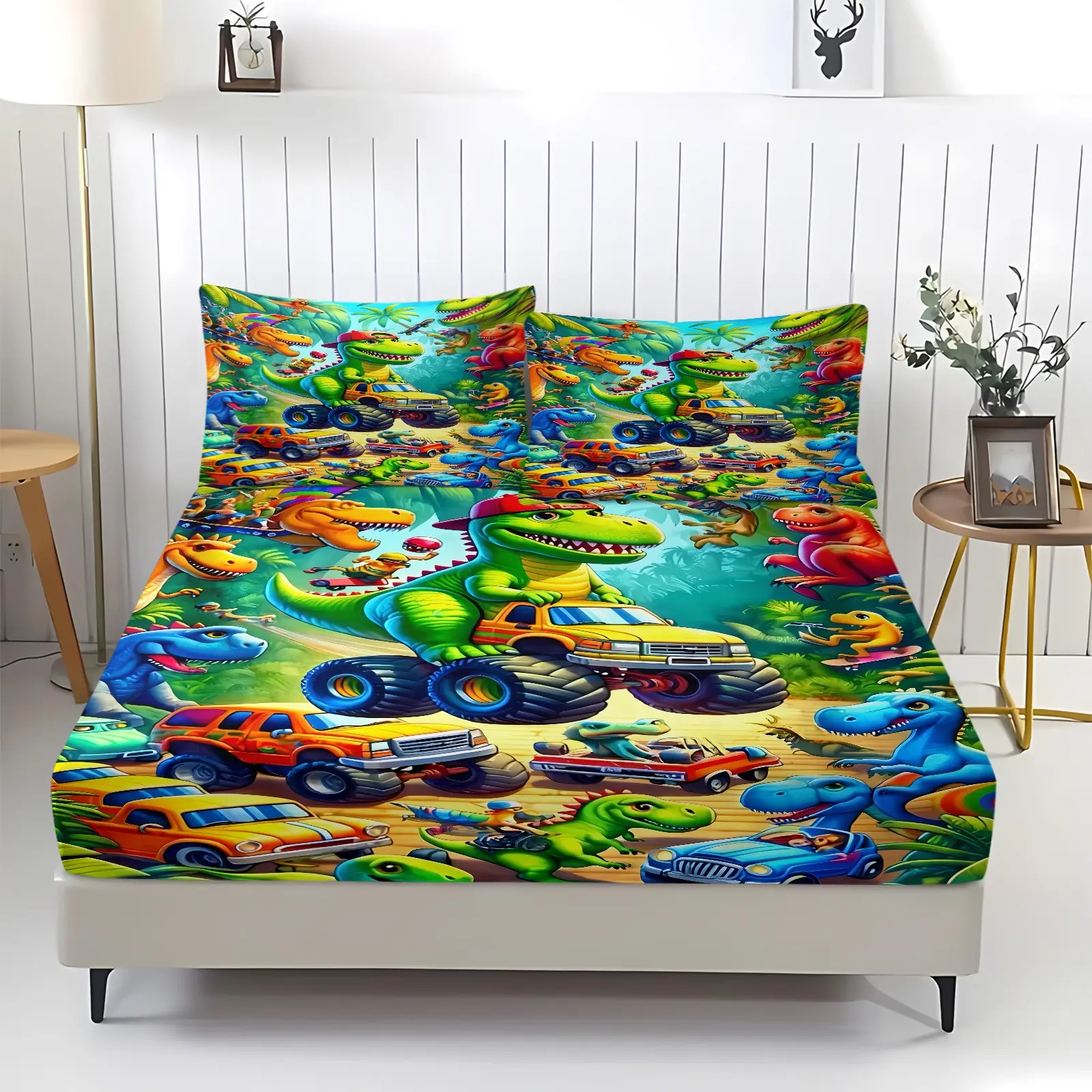 Adventure Theme Cartoon Dinosaur Car Print Bed Sheet Set, Bedding Set, Printed Bedding Set, Includes 2 Pillowcases, Durable Non-Slip Mattress Protector, Kids Bedroom Decor, Bedsheet Sets