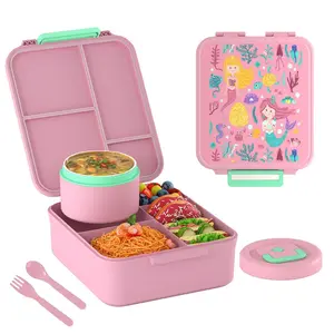Kids Bento Lunch Box 8.5oz Soup Thermo 4 Compartment Leakproof Food Container Pink Nylon Insulated Lunch Bag Adjustable Strap Portable School Travel Picnic Food Storage Box