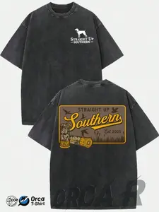 Straight Up Southern Brand Retro Print Loose Casual Top, Outdoor Hunting Style, Crew Neck, American Country Style Clothes, All-season