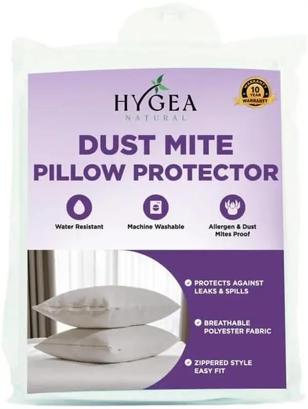 Hygea Natural Dust Mite Pillow Protectors Covers 2 Pack Water Resistant Dust Mite Proof Machine Washable Breathable Polyester Solid Color Ideal for Allergens Stains Decorative Bedsheet Sets