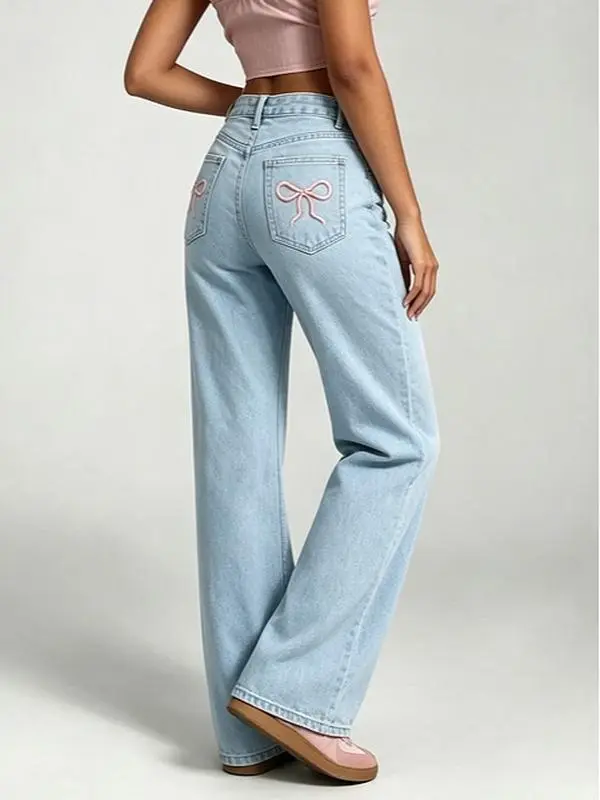Women's High Waist Embroidered Wide Leg Jeans - Light Wash Denim Pants with Pink Bow Back Pockets, Y2K Coquette Aesthetic Loose Straight Womenswear Bottoms