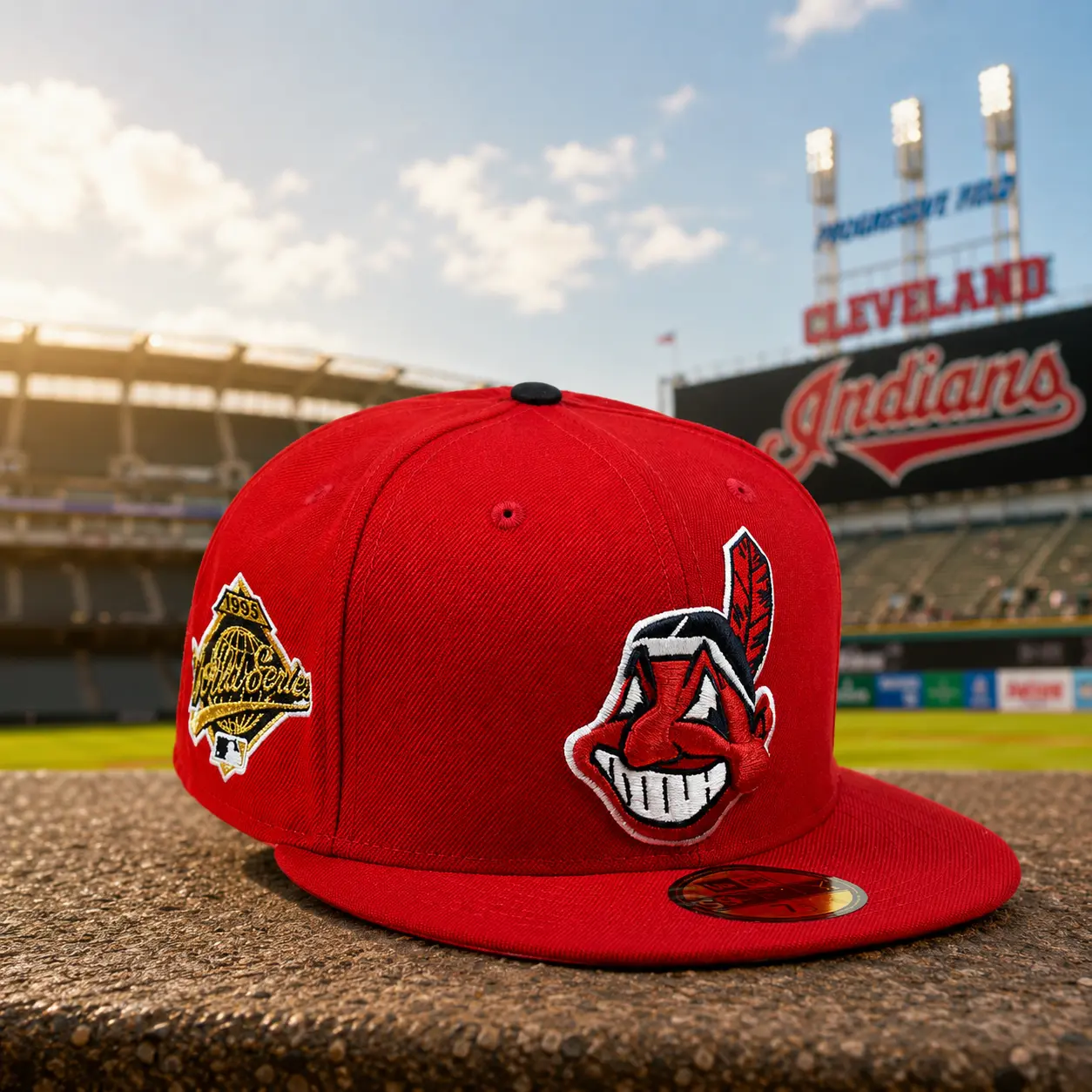 Cleveland Indians Red 59FIFTY Fitted Hat – New Era Flat Brim Baseball Cap with 1995 World Series Side Patch, Embroidered Streetwear