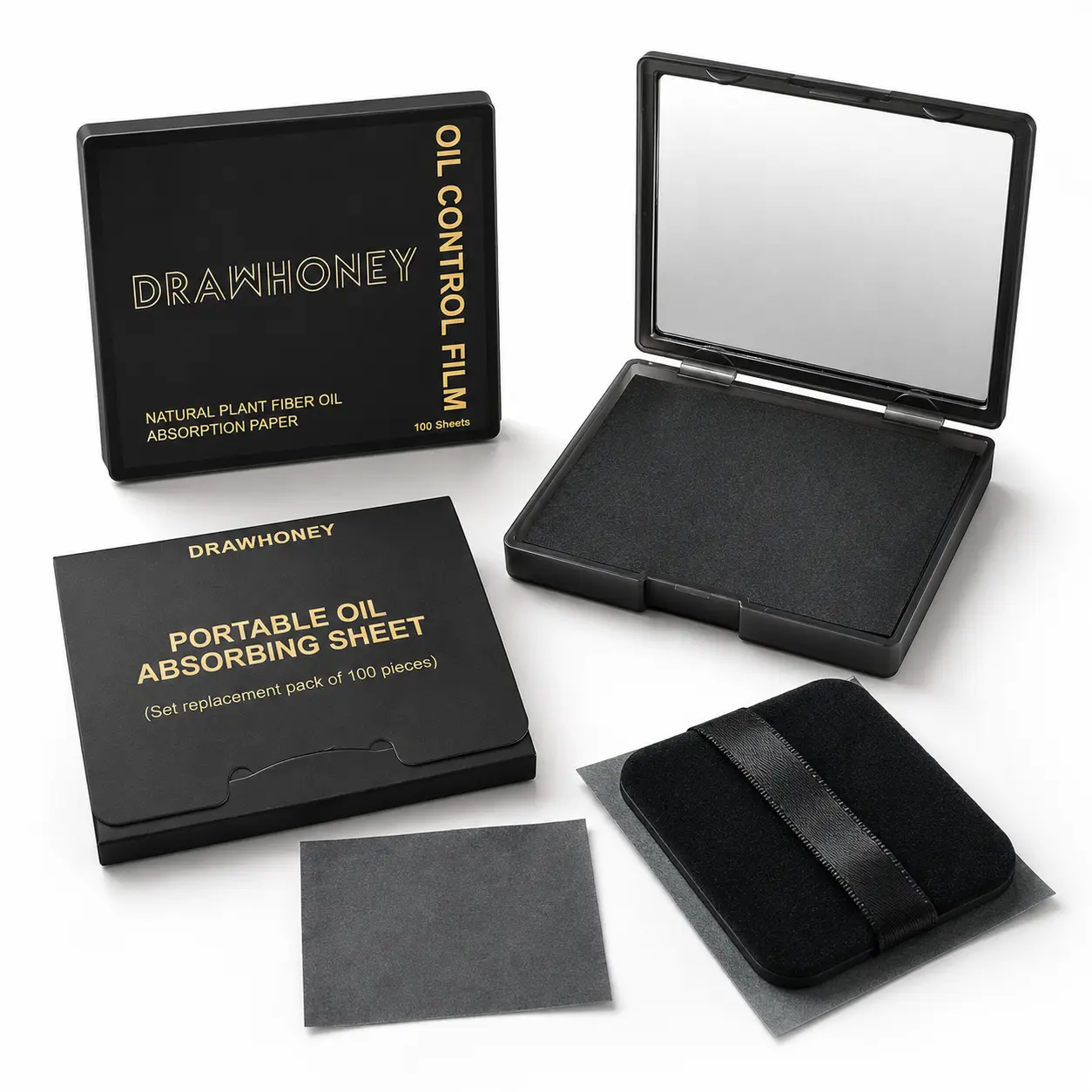 Drawhoney - 200Sheets  Oil Blotting Sheets for Face with Mirror and Puff, Face Oil Absorbing Paper for Oily Skin, Natural Oil Control Blotting Paper, Portable Makeup Touch-Up Sheets, Bamboo Charcoal