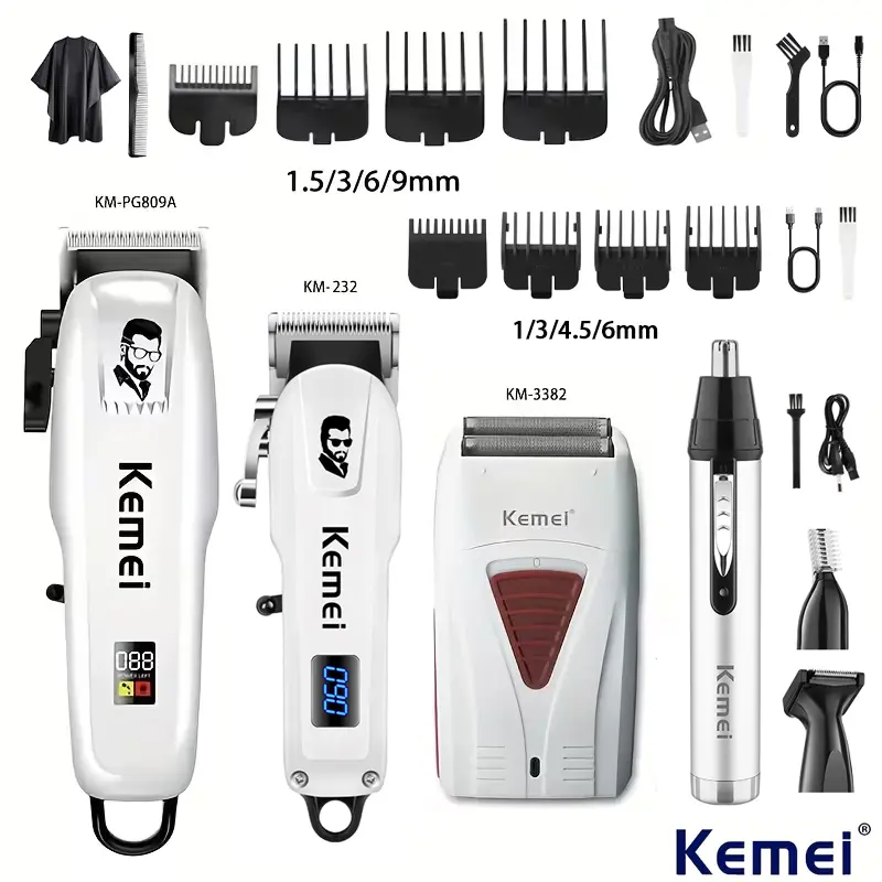 KEMEI 4-Piece Personal Grooming Kit for Men, USB Rechargeable Cordless Set with Adjustable Hair Clipper, Durable Facial Trimmer, and Lightweight Shaver, Abs, Batteries, Usb Port, Small, Face, Dust Cover, Adjustable Blade, Smooth