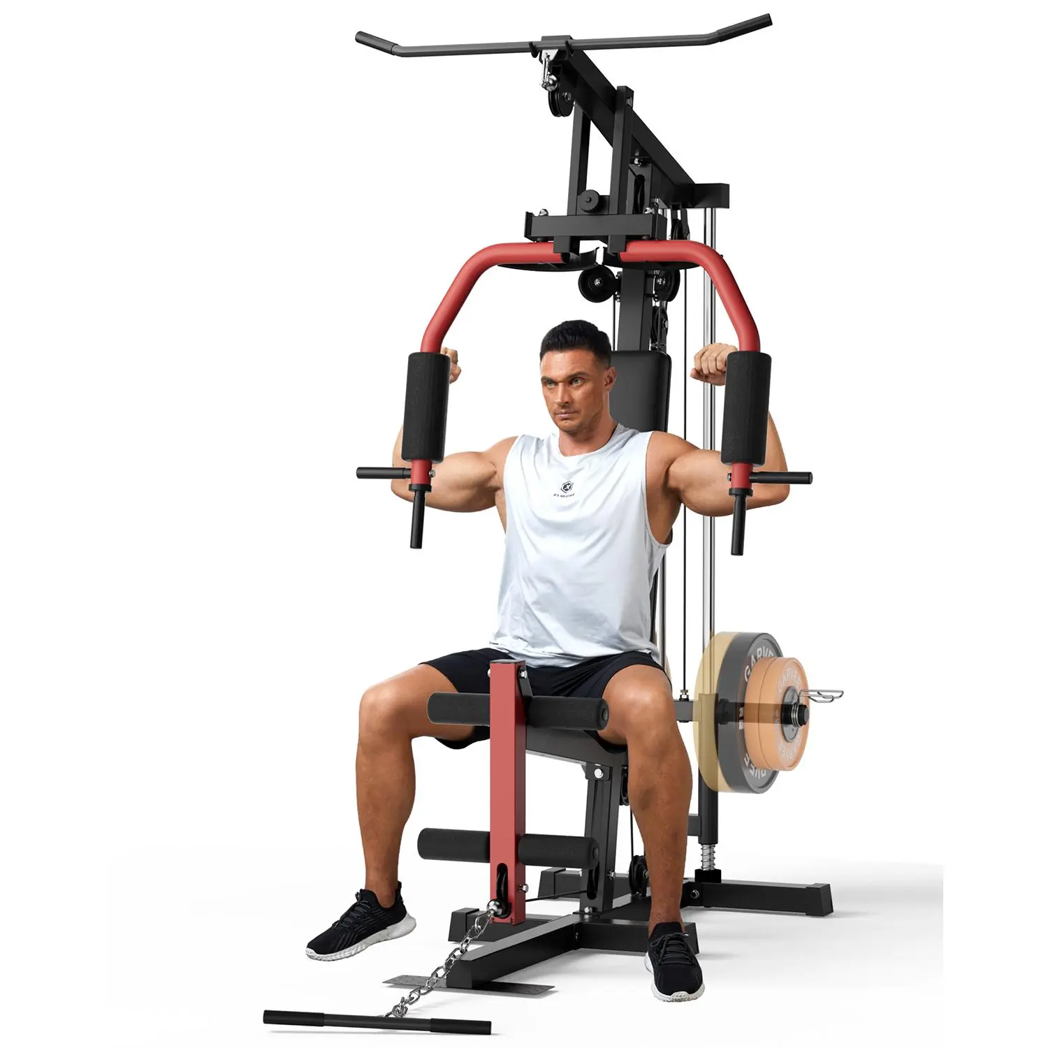 Home Gym Strength Training Station with Preacher Curl Pad, Leg Extension, and Cable Pulley, Compatible with Standard and Olympic Weight Plates, Full Body Workout Equipment
