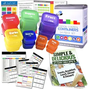 Portion Control Containers DELUXE Kit (14-) with COMPLETE GUIDE + 21 DAY PLANNER + RECIPE eBOOK  Color Coded Meal Prep System for Diet and