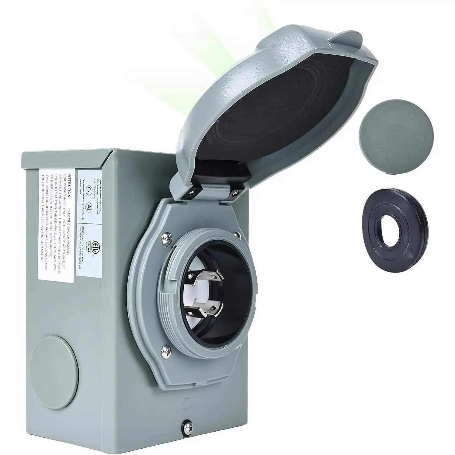 30 Amp Generator Power Inlet Box NEMA L14-30P 4 Prong 125/250V 7500 Watt ETL Certified Pre-Drilled Holes Green Indicator Light Weatherproof Outdoor Use Heavy Duty