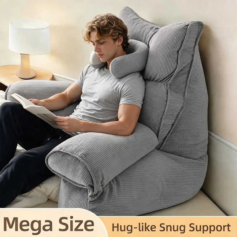 Ergonomic Adult Reading Pillow with Padded Armrests, Detachable Neck Pad & Reading Support - Solid Corduroy, Soft PU, High-Density Filling for Spinal Relief, Bed Sitting Comfort