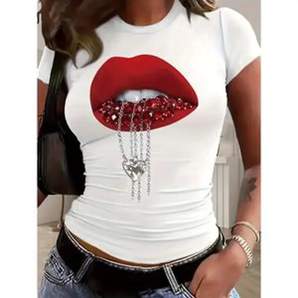 Red Gem Lips with Heart Chain Graphic T-Shirt, Cotton Comfort Tee, Glam Fashion Outfit, Fitted Casual Shirt, Ideal Valentine’s Day & Bold Statement Gift for Her