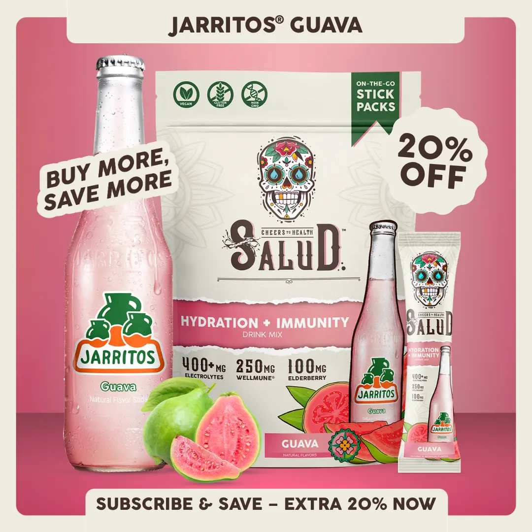 Salud x Jarritos 2-in-1 [Hydration + Immunity - Guava] Coconut Energy Drink, Sport Beverage - 400mg Electrolytes, 250mg Wellmune, 100mg Elderberry - Dairy & Soy Free, Vitamin Supplement (15 Servings)
