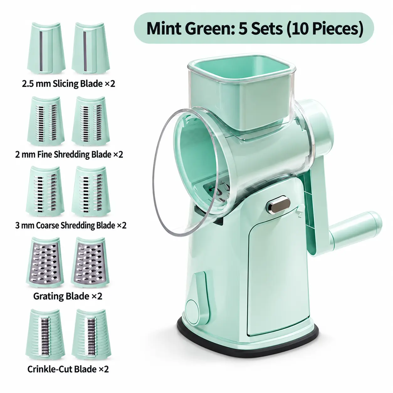 7CODE 10-in-1 Stainless Steel Rotary Cheese Grater-Vegetable Slicer Kitchen Utensil - Hand Crank, Wide Feed Chute, Smooth Blade, Suction Base, Safety Handle for Meal Prep