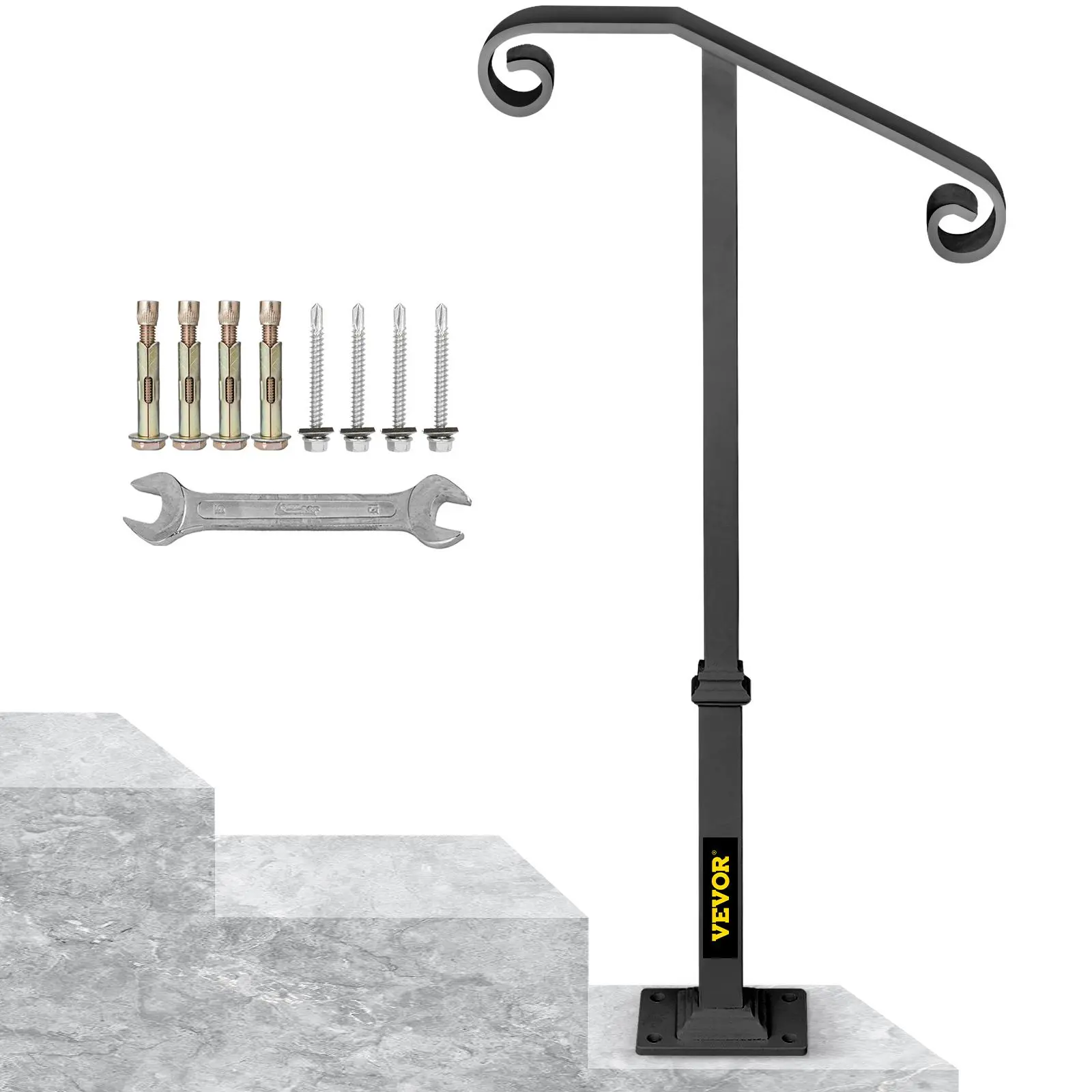 【Summerfinds】VEVOR Handrails for Outdoor Steps Fit 1 or 2 Steps Outdoor Stair RailingSingle Post Wrought Iron HandrailGray Transitional Porch Railings for Concrete Steps or Wooden Stairs with Base
