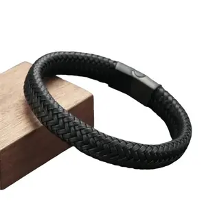 Black Bracelet Men's Braided Leather Bangle Stainless Steel Cuff Wristband Gift