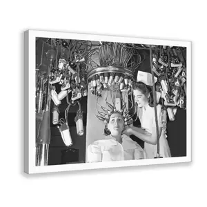 Vintage Beauty School _ 1940s Hair Salon Decor,Black and White, Photograph, Retro,Cozy Neutral Canvas Wall Art, Farmhouse Decor for Bedroom and Living Room.
