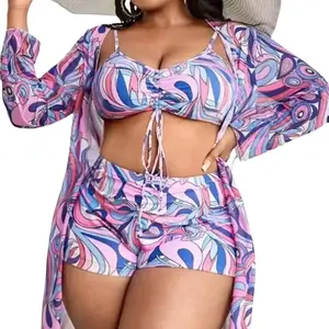 Swim Curve Plus Allover Print Bikini Set Drawstring Front Cami Top & Boxer Shorts & Kimono 3 Piece Bathing Suit