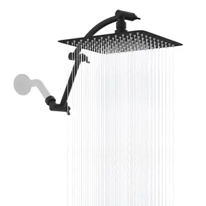 Hibbent All Metal Rain Shower Head, High Pressure Rainfall Showerhead with 16" Shower Head Extension Arm, Solid Brass Adjustable Shower Arm Extender, Waterfall fixed Showerheads, Matte Black head extension