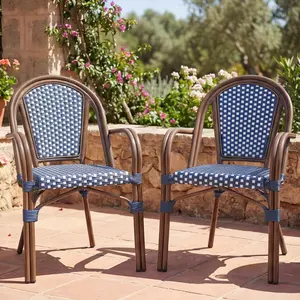 French Bistro Chair Set of 2 | Outdoor Hand-Woven Rattan Wicker Dining Armchair for Patio Porch Garden | Bamboo Print Finish, White+Navy